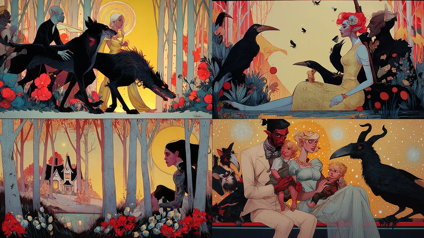 Stylized Illustrations with a Dark Fairytale Essence - Midjourney sref style