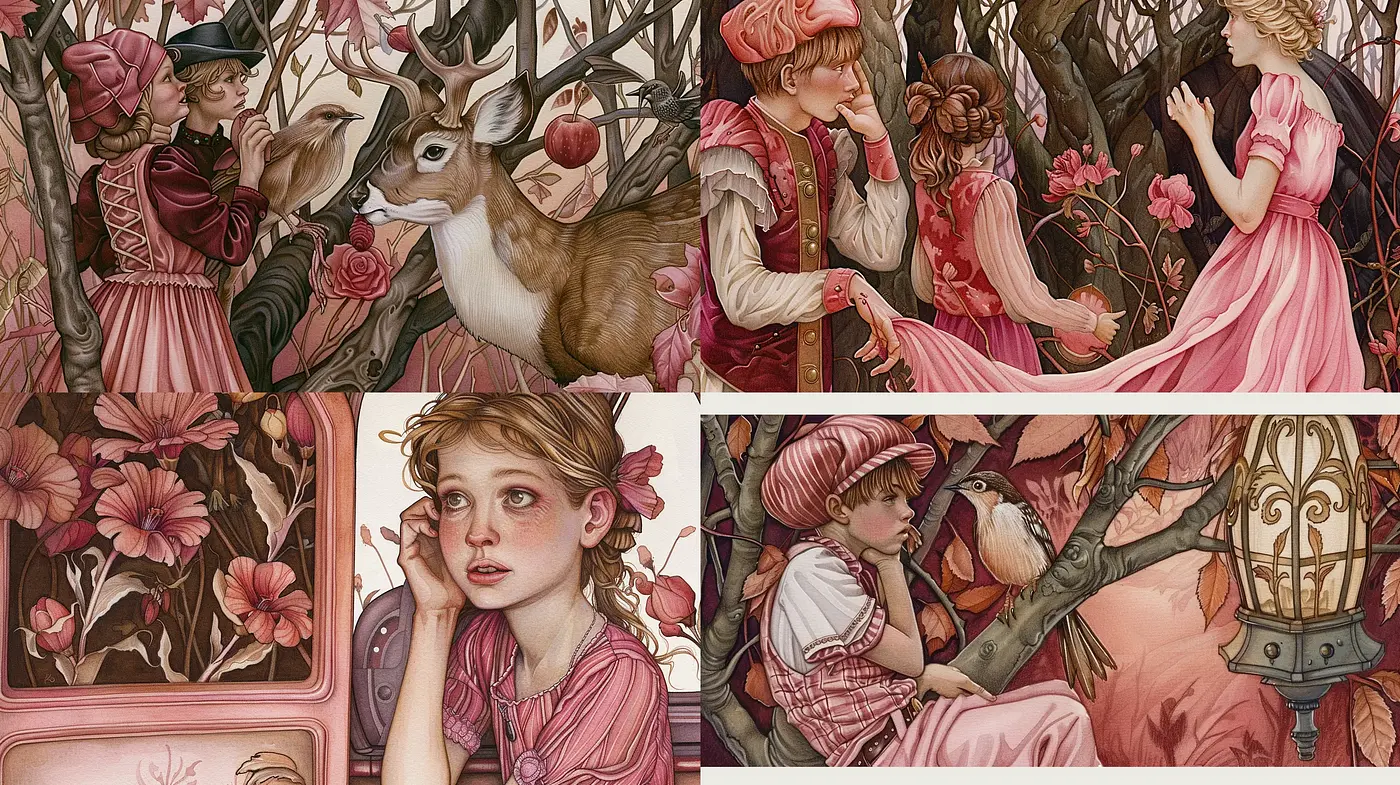 Enchanted Roseate Reverie: A Homage to Victorian Storybook Illustration - Midjourney sref style