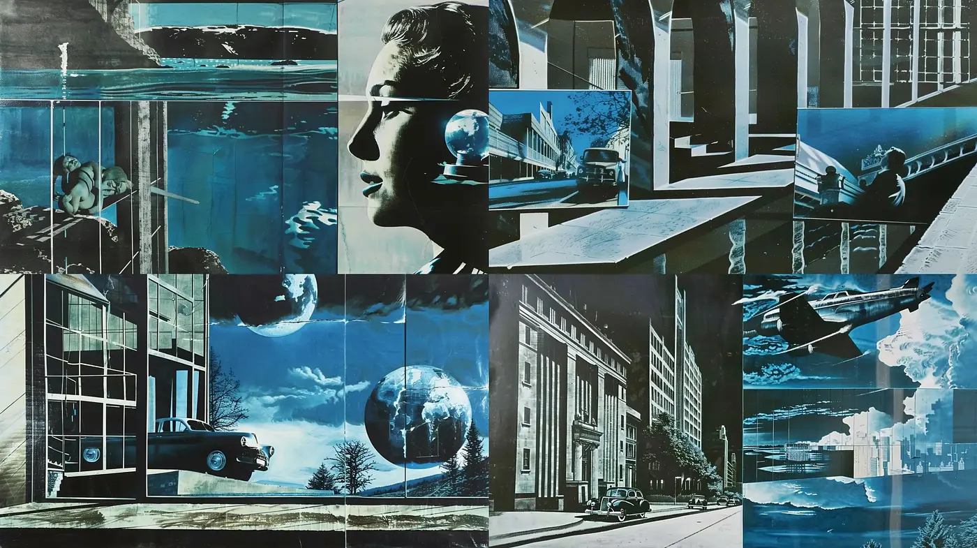 Cinematic Architectural Collage with a Surrealist Twist - Midjourney sref style