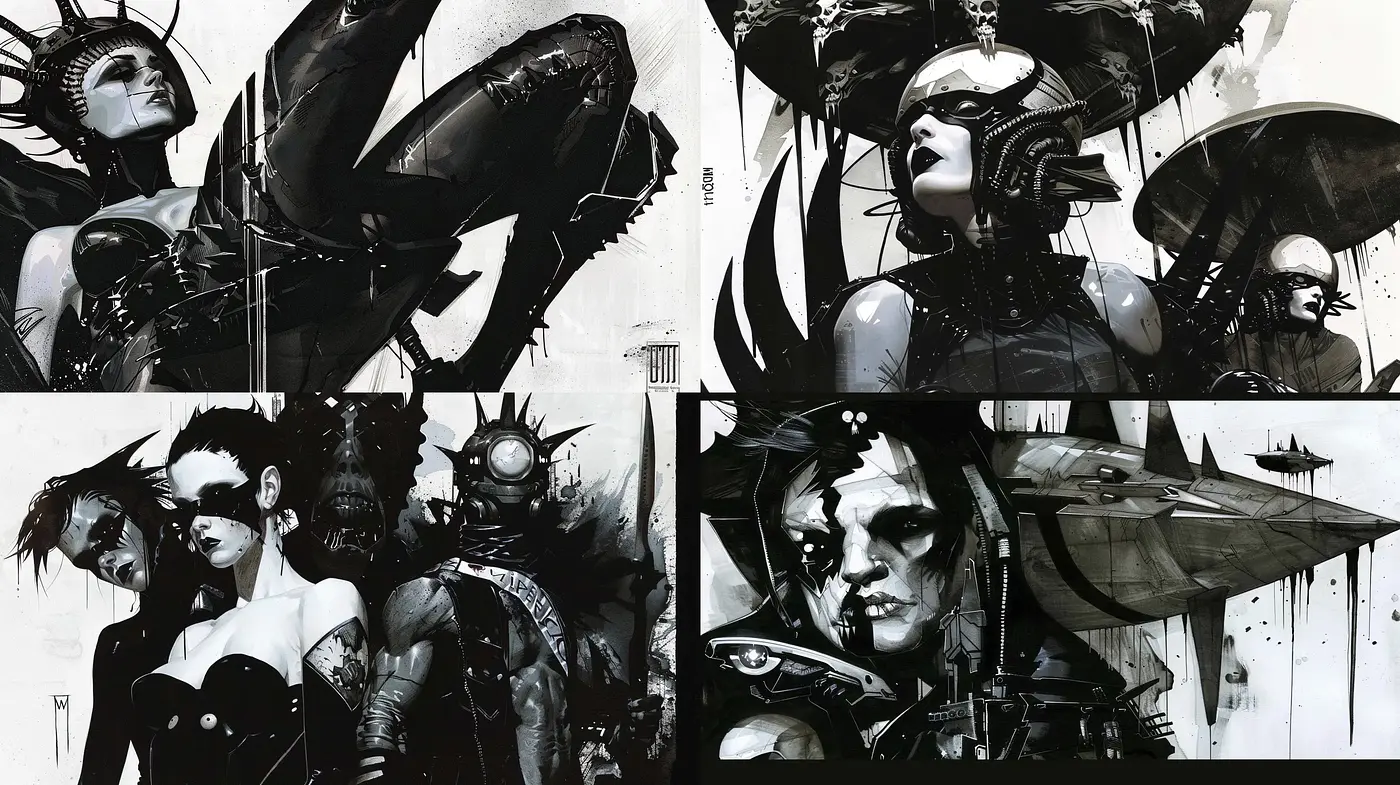 Monochromatic Futuristic Gothic Assemblage - Midjourney sref style