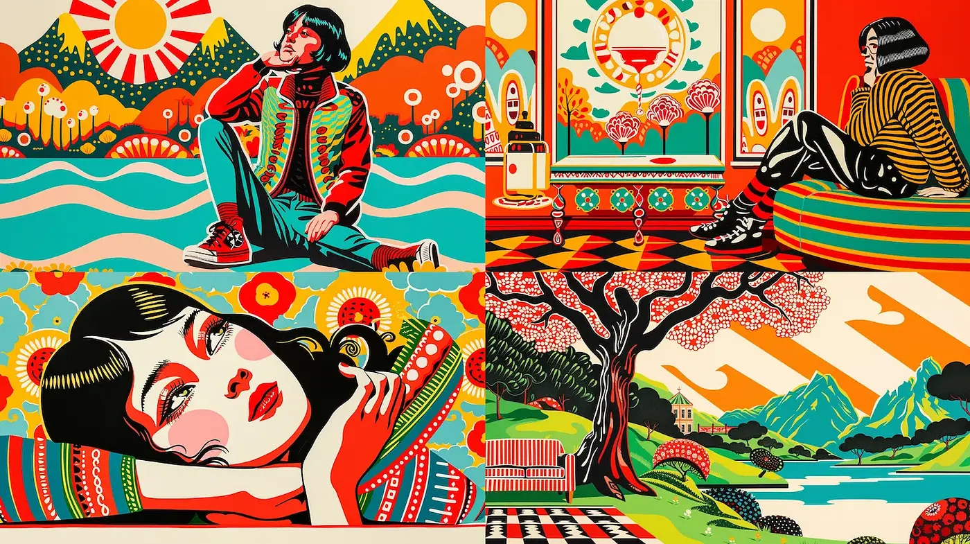 Vibrant Retro Aesthetic with Strong Geometric Patterns and Expressive Character Depictions - Midjourney sref style