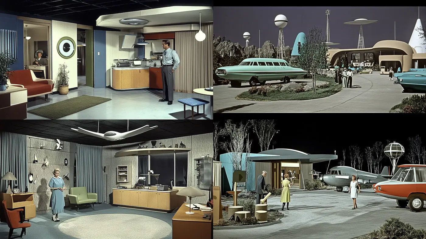 Futuristic Retro Utopia: A Nostalgic Homage to Mid-Century Modernism and Sci-Fi Idealism - Midjourney sref style
