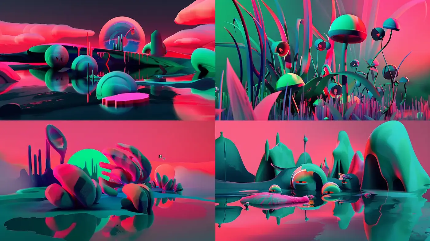 Surreal and Vibrant Landscape with Organic Forms - Midjourney sref style