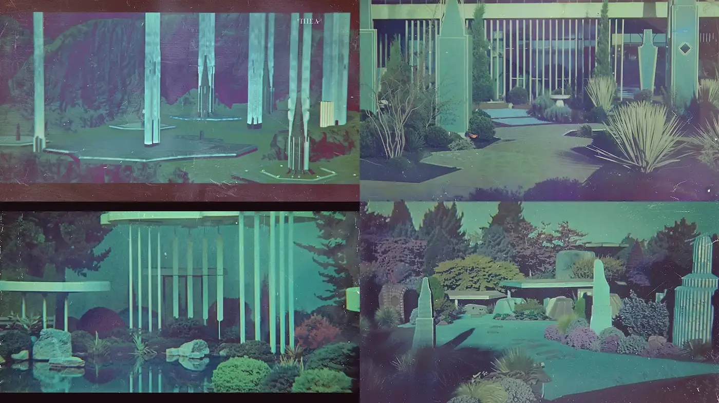 Surreal Retro-Modern Landscape Composition with Lush Textures - Midjourney sref style