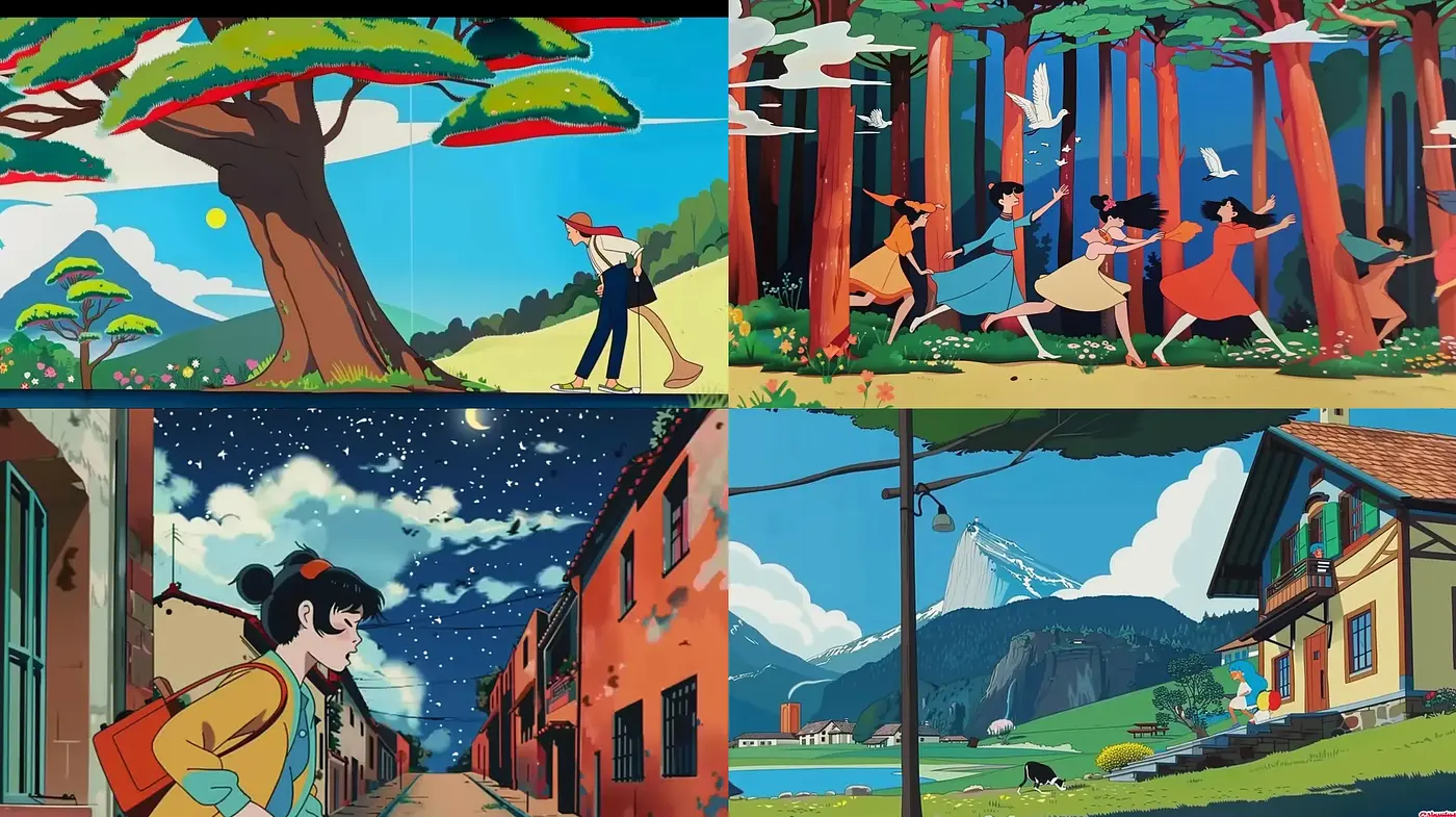 Vibrant and Stylized Pastoral Scenes with an Animated Flair - Midjourney sref style