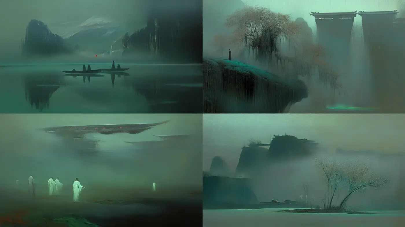 Ethereal Mist-Shrouded Dreamscapes Infused with a Surreal Sense of Calm - Midjourney sref style