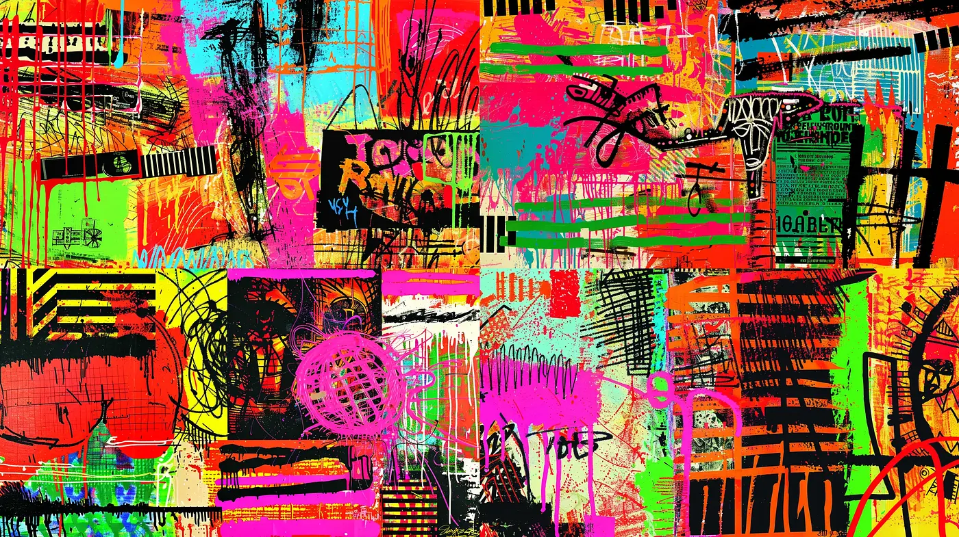 Energetic Urban Chaos: A Vibrant Mosaic of Graffiti-Like Textures and Pop Colors - Midjourney sref style