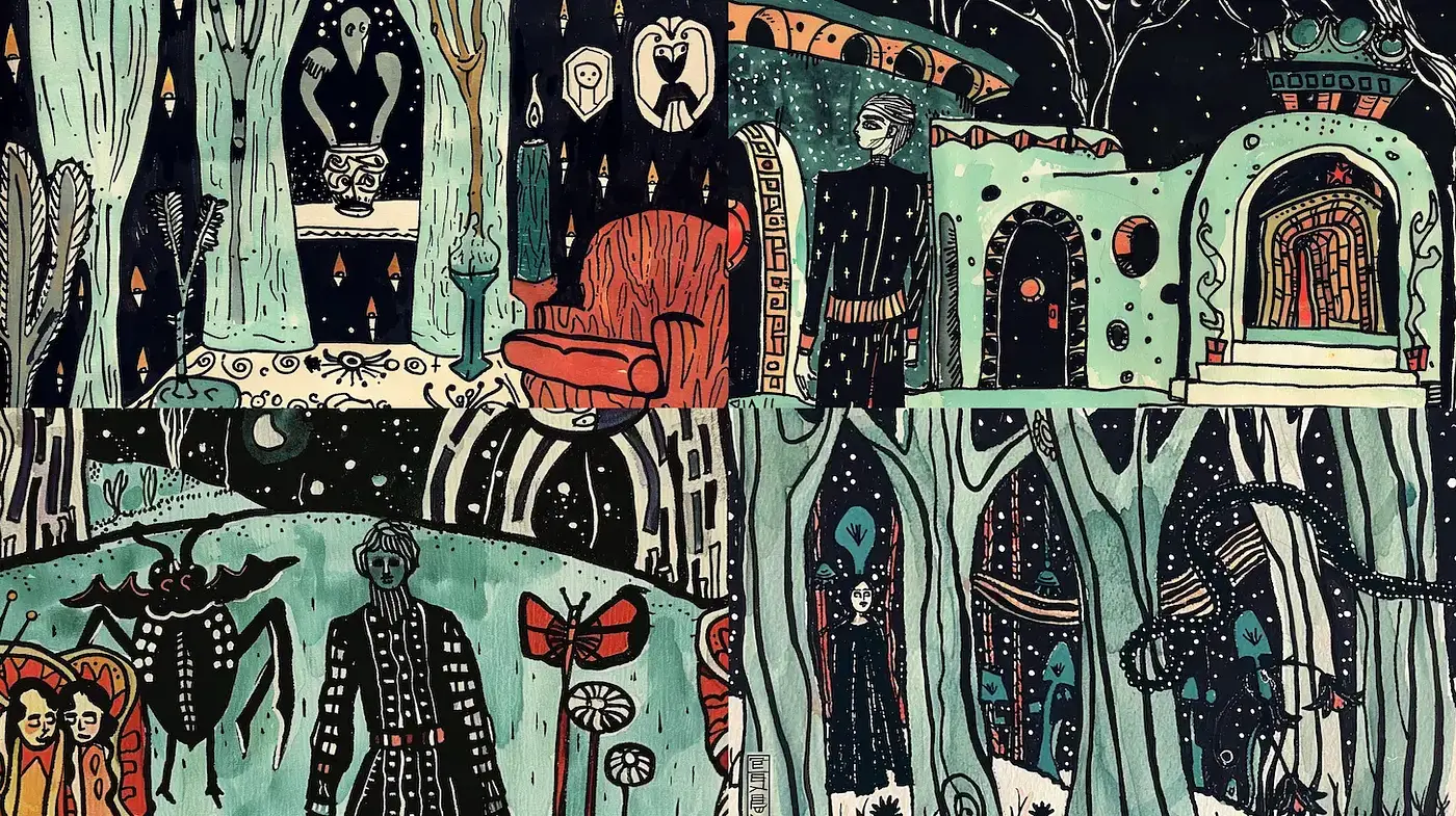 Ethereal Folklore Whimsy: A Fusion of Vivid Storytelling and Enchanted Illustration - Midjourney sref style
