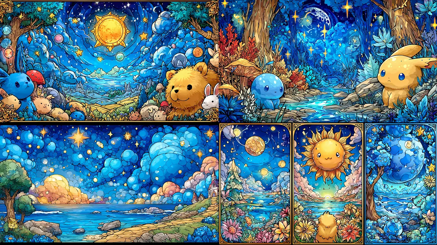 Whimsical and Colorful Fantasy Landscape with Cute Creatures - Midjourney sref style