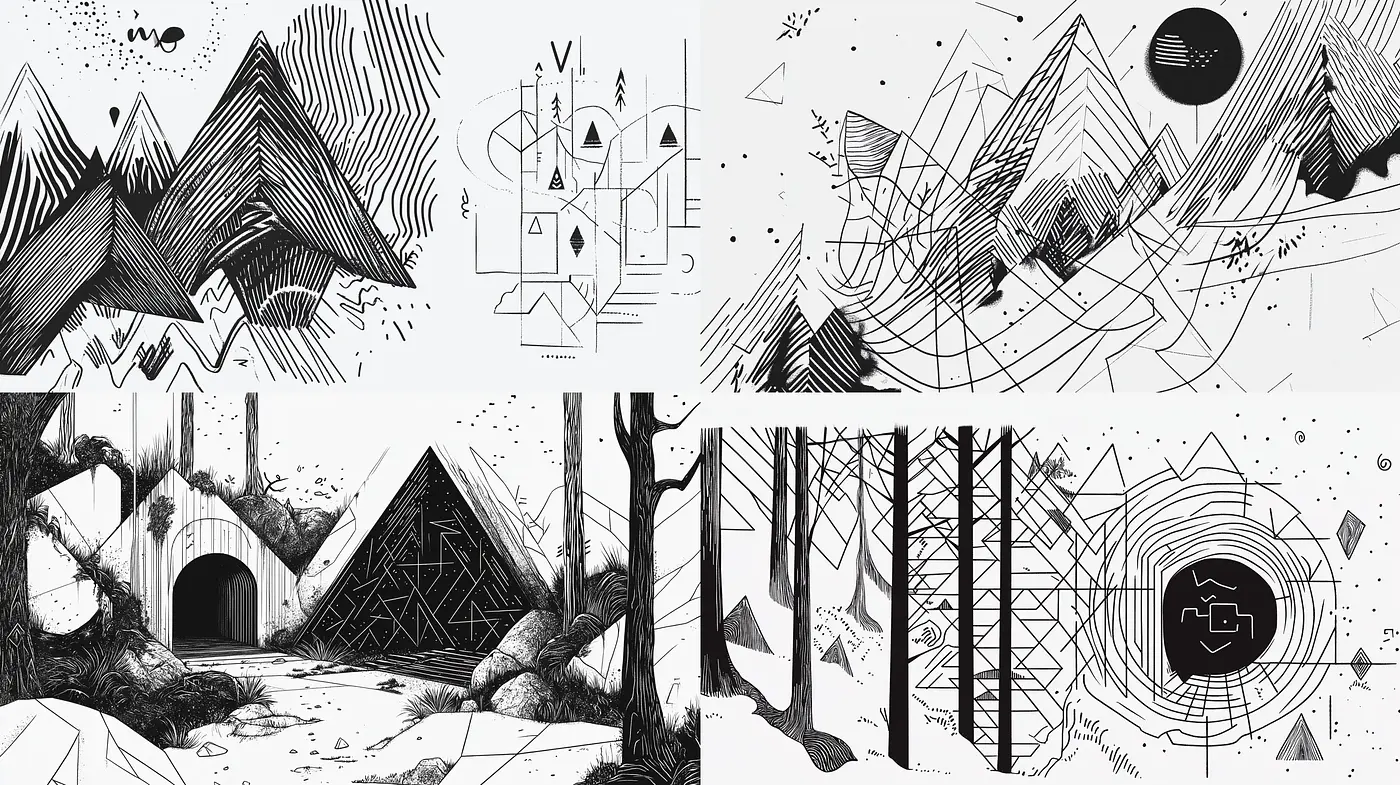 Monochromatic Geometric Surrealism - Midjourney sref style