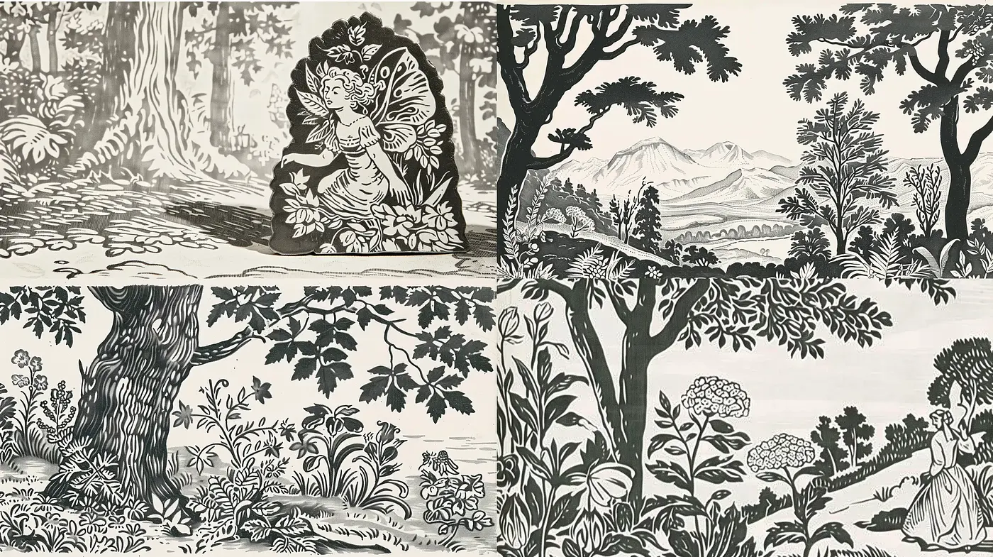 Toile de Jouy-inspired Monochromatic Pastoral Scenes - Midjourney sref style