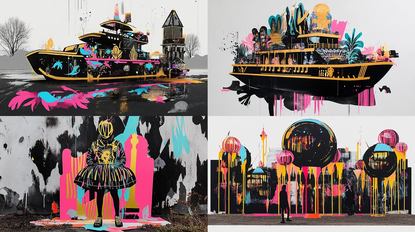 Vibrant Postmodern Collage with a Neon Graffiti Essence - Midjourney sref style