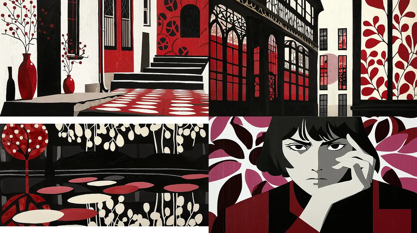 Graphic Contrast with Retro Floral Motifs and Stylized Features - Midjourney sref style