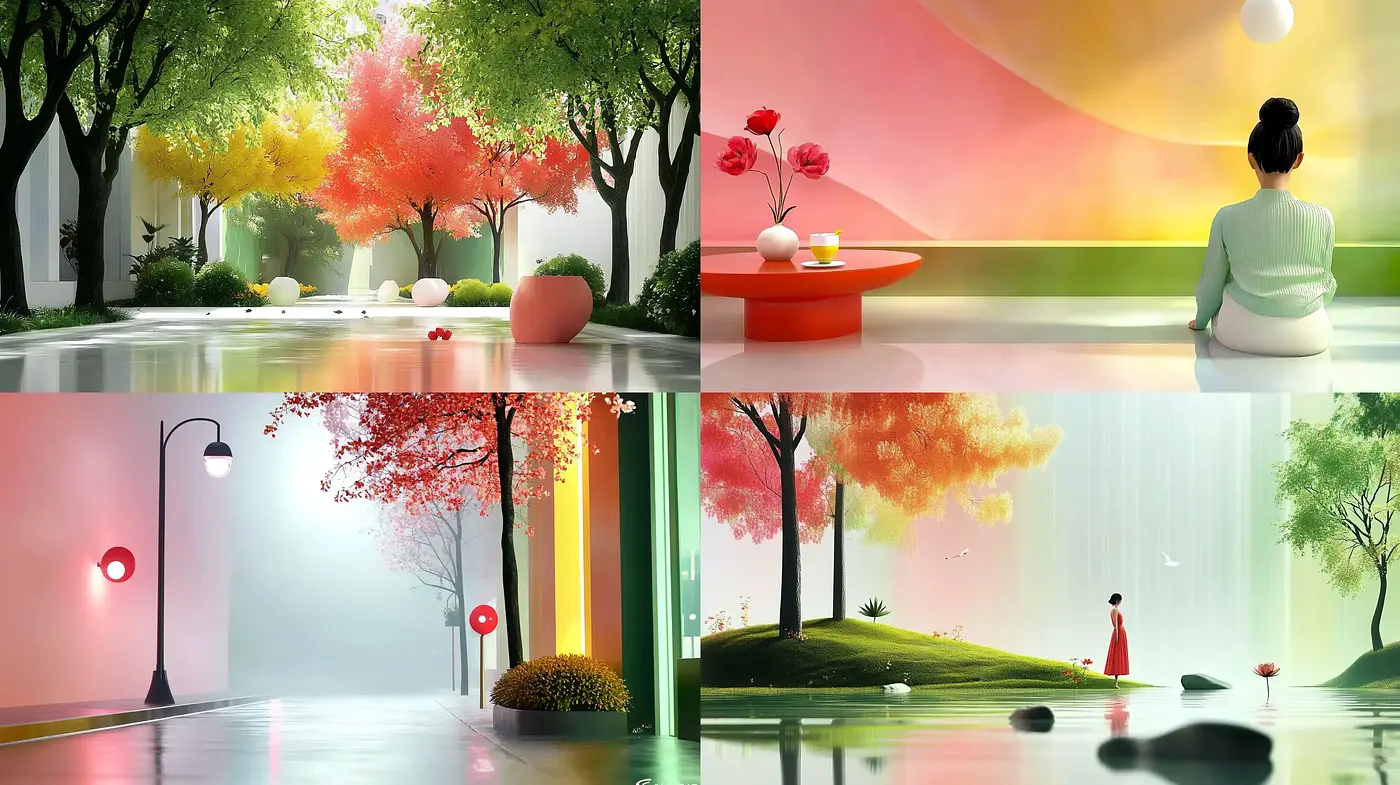 Serene Dreamscapes with Luminous Hues and Soft Nature Elements - Midjourney sref style