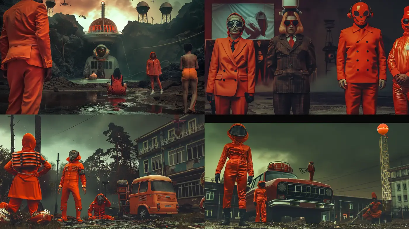 Dystopian Surrealism: A Retro-Futuristic Symphony in Sepia and Sanguine - Midjourney sref style