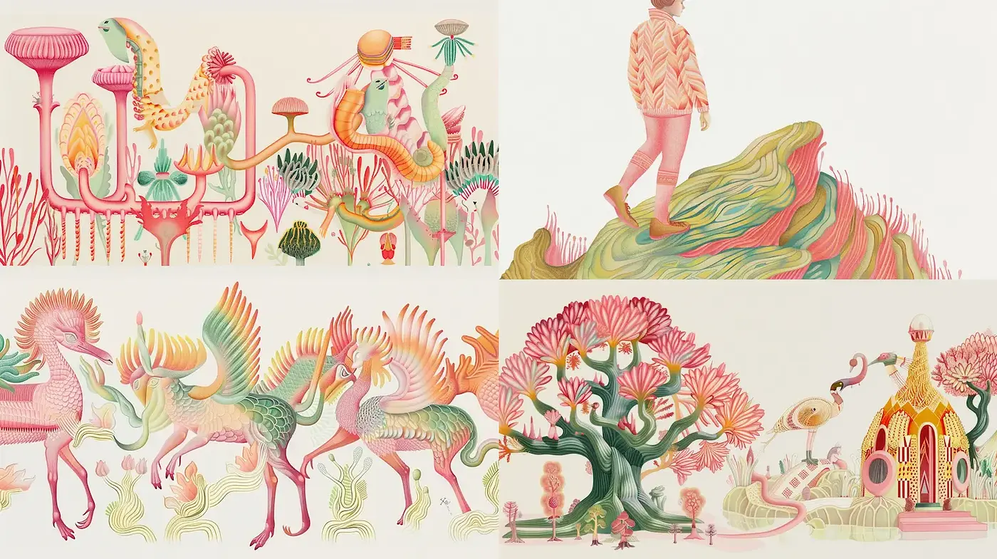Whimsical and Surreal Exploration of Nature with a Playful Palette - Midjourney sref style