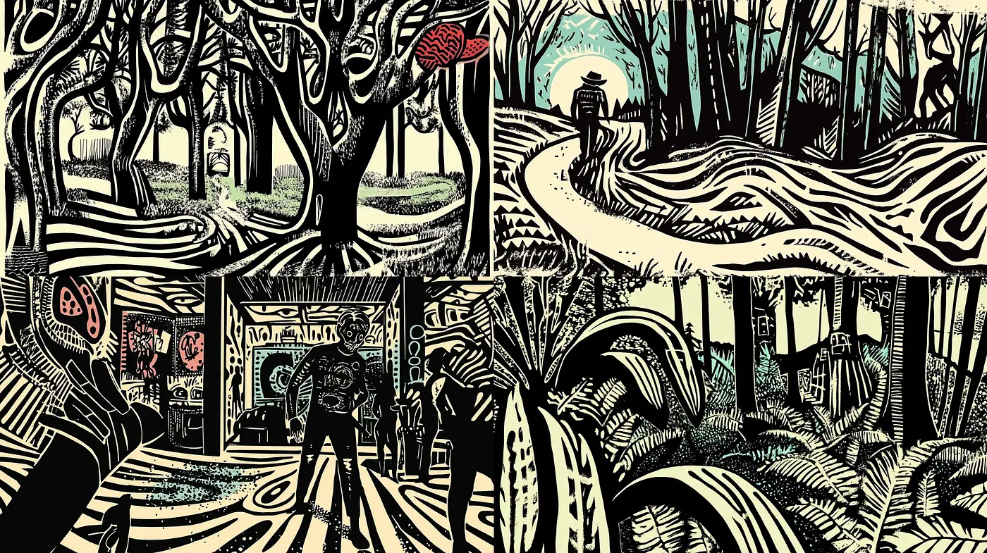Enigmatic Forest of Linear Contours and Philosophical Undertones - Midjourney sref style