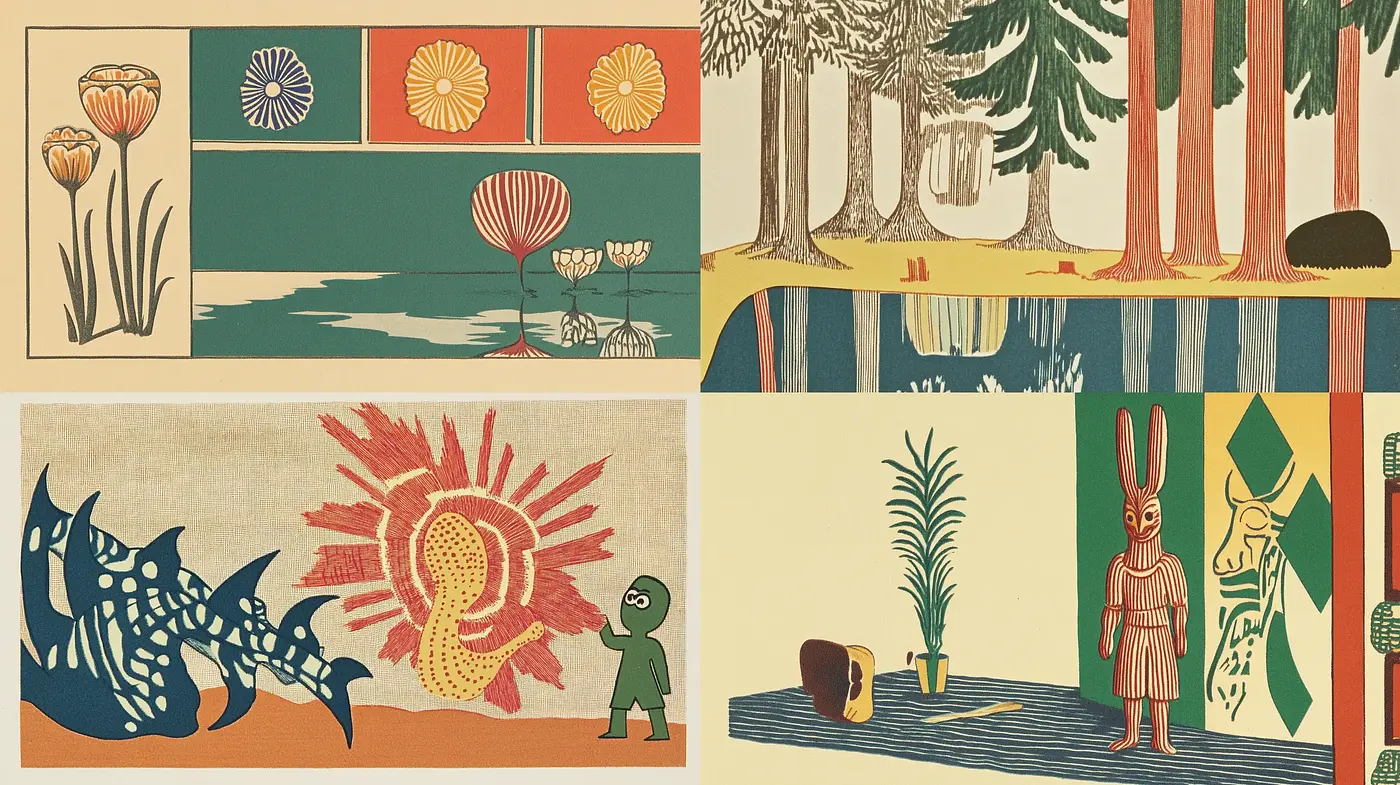 Retro Stylized Illustrative Collage with Pastel Overtones - Midjourney sref style