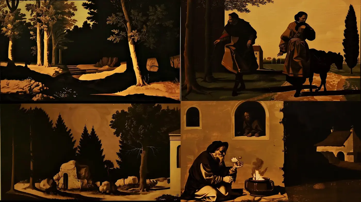 Dark, atmospheric landscapes with a historical depth - Midjourney sref style