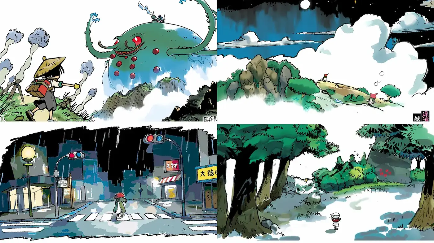Stylized Illustrations with Whimsical Charm and Natural Landscapes - Midjourney sref style