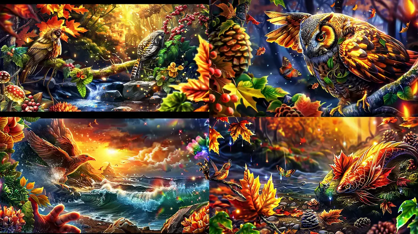 Vibrant and Magical Autumnal Wildlife with Intricate Details - Midjourney sref style