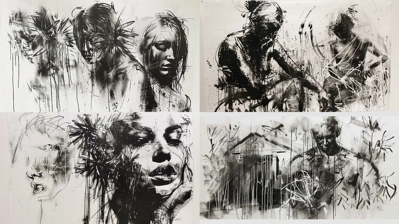 Abstract Monochromatic Expressiveness with a Raw, Emotional Undertone - Midjourney sref style