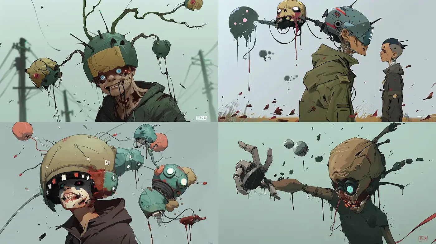 Futuristic dystopian cybernetic illustrations with surreal elements and unsettling moods - Midjourney sref style