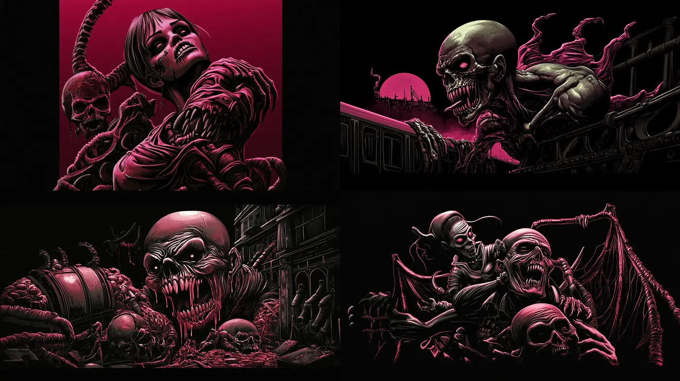 Macabre Symphony in Monochromatic Magenta: Shadows and Terrors - Midjourney sref style