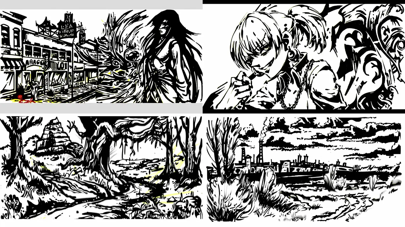 Monochrome Ink Wash Fusion with Expressive Linework - Midjourney sref style