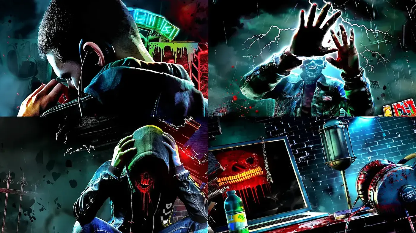 Dark, expressive, and intense graphic art showcasing emotional struggles - Midjourney sref style