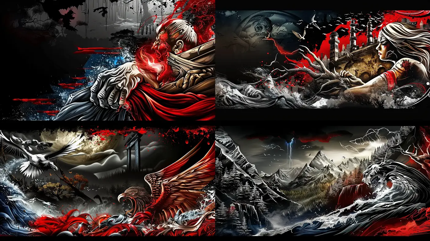 Ethereal Drama in Crimson and Charcoal: A Visually Striking Style Fusion - Midjourney sref style
