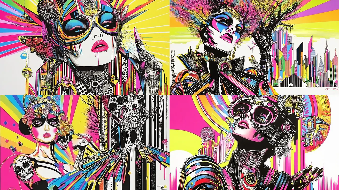 Futuristic Pop Art Explosion with Neon Cyberpunk Overtones - Midjourney sref style