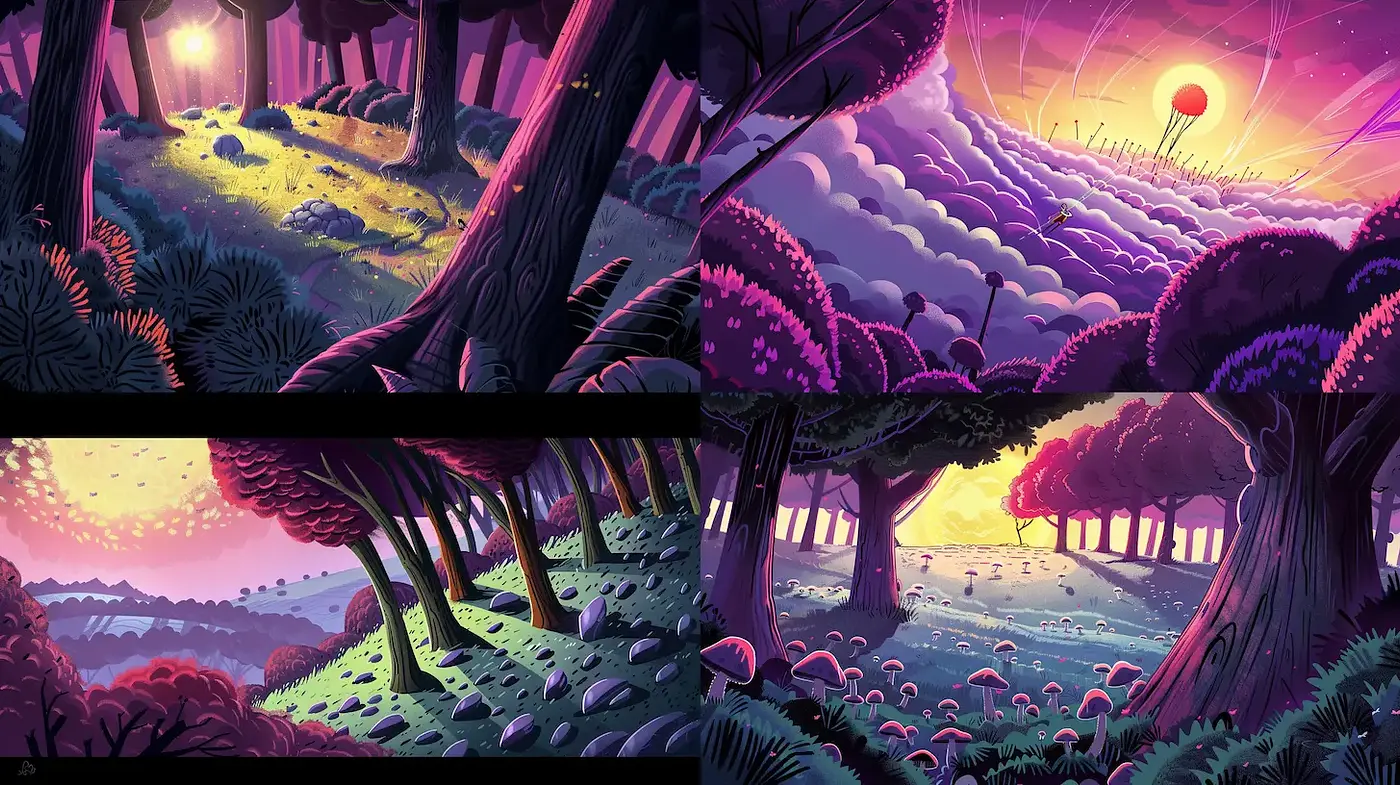 Vivid and whimsical landscapes inspired by cartoon aesthetics - Midjourney sref style