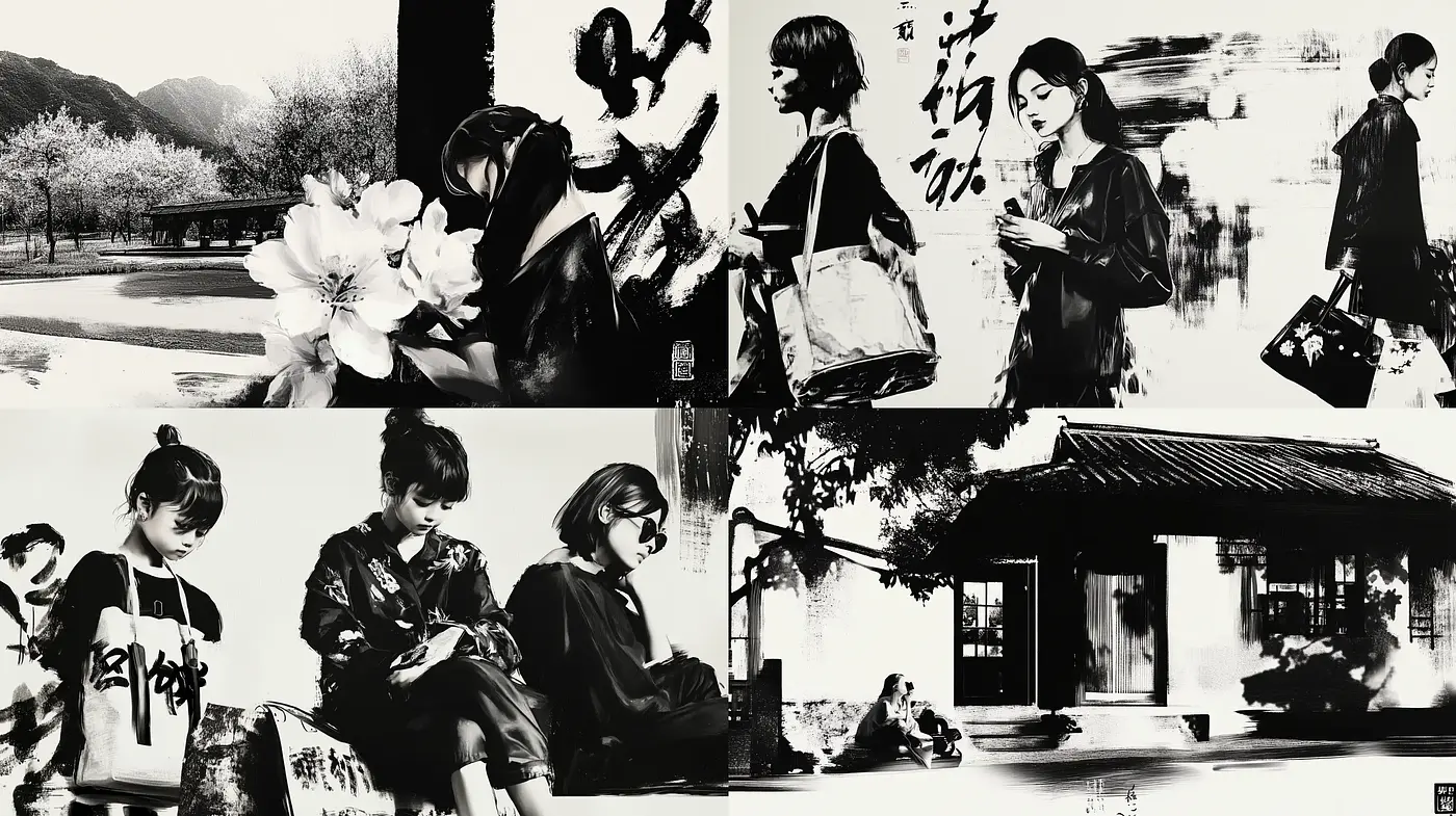 Monochromatic Ink Wash Fusion with Modern Subjects - Midjourney sref style