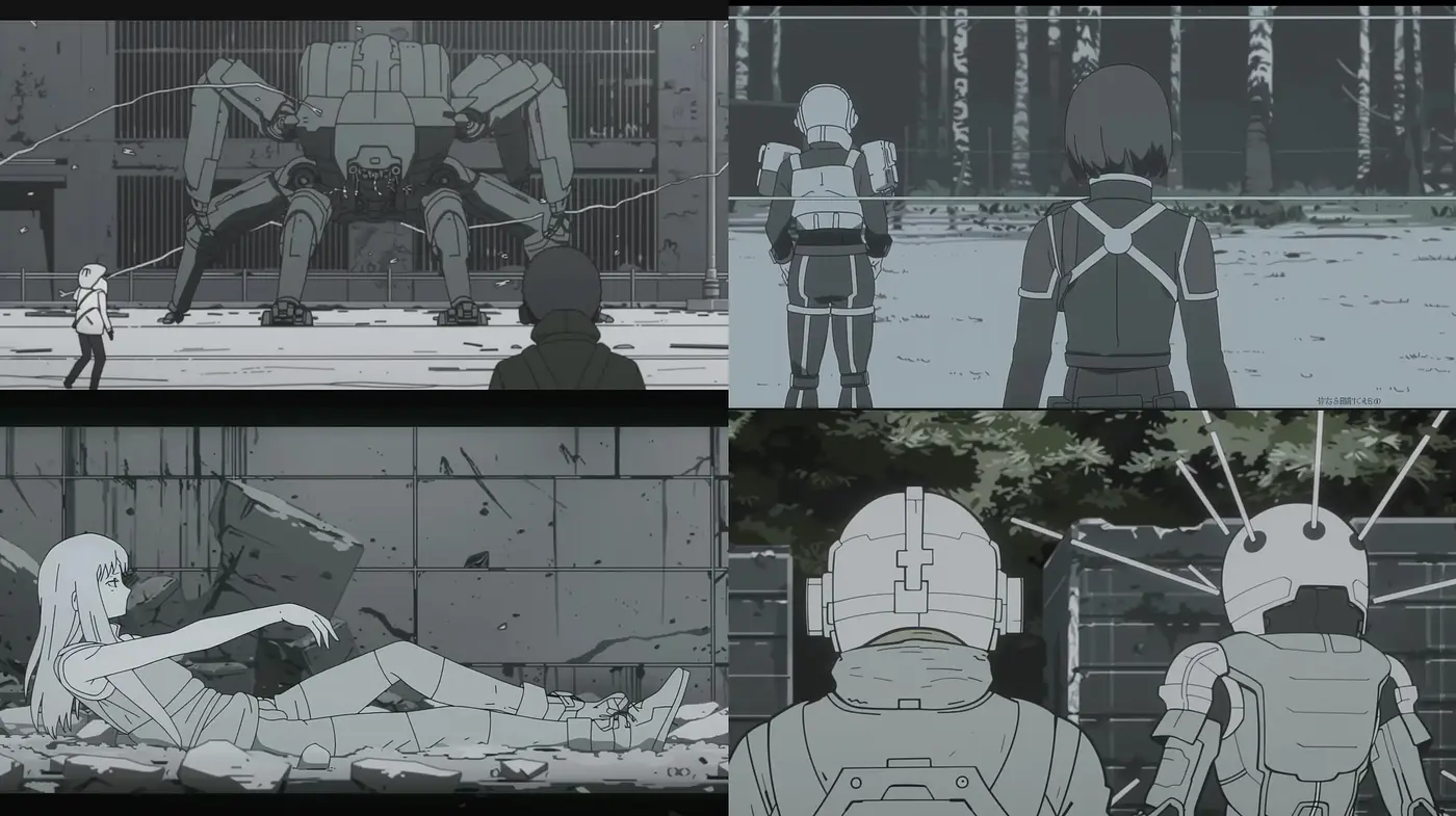 Monochromatic Mecha Anime Consistency - Midjourney sref style