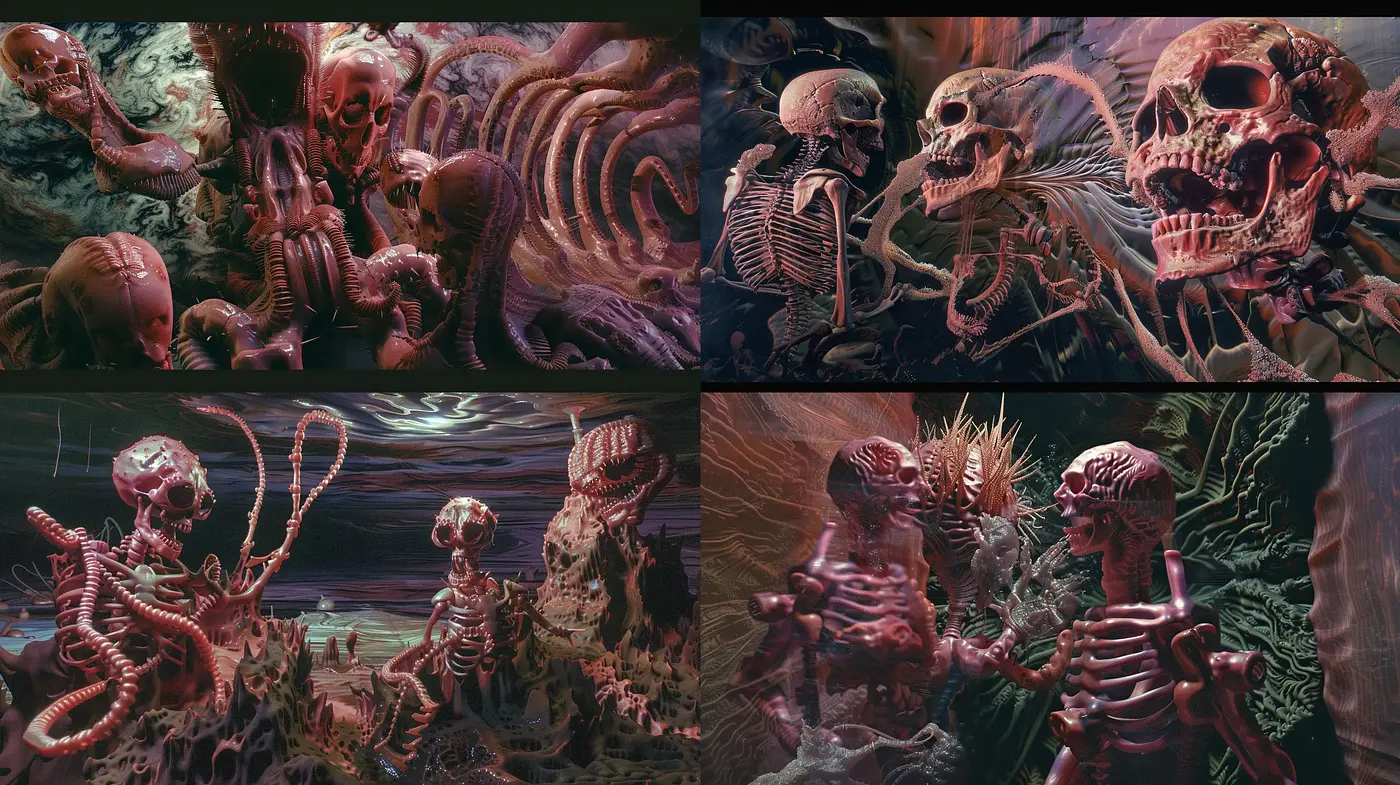 Surreal Skeletal Symphony in Eerie Hues - Midjourney sref style