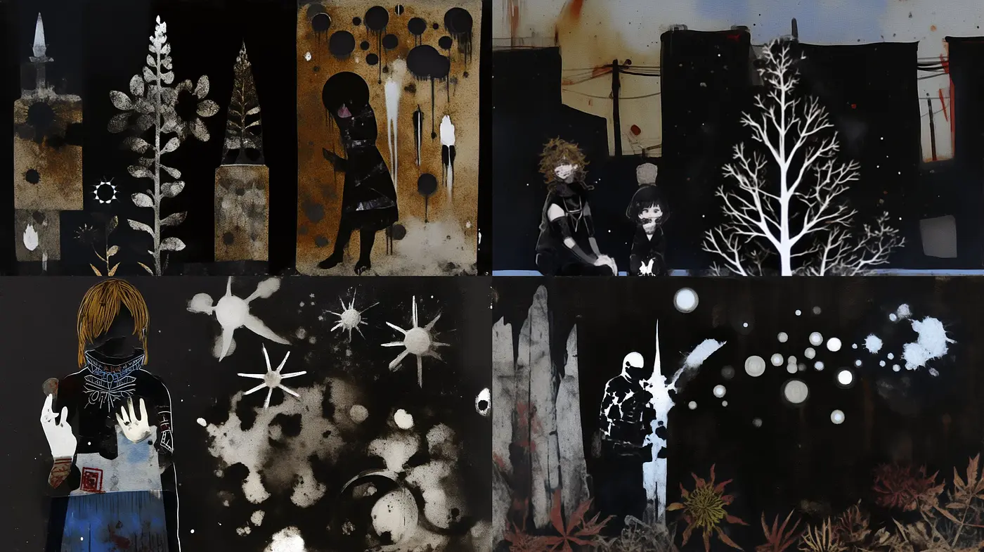 Ephemeral Silhouettes and Splatters: A Melding of Street Art and Anime in Monochrome - Midjourney sref style