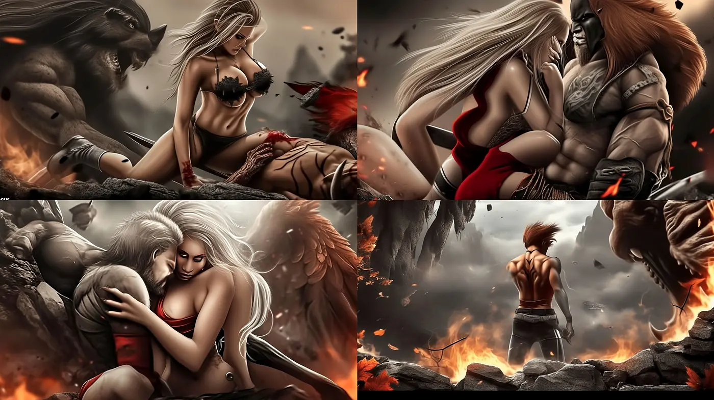 Mystical Drama in Warm Tones: An Evocation of Mythical Romance and Conflict - Midjourney sref style