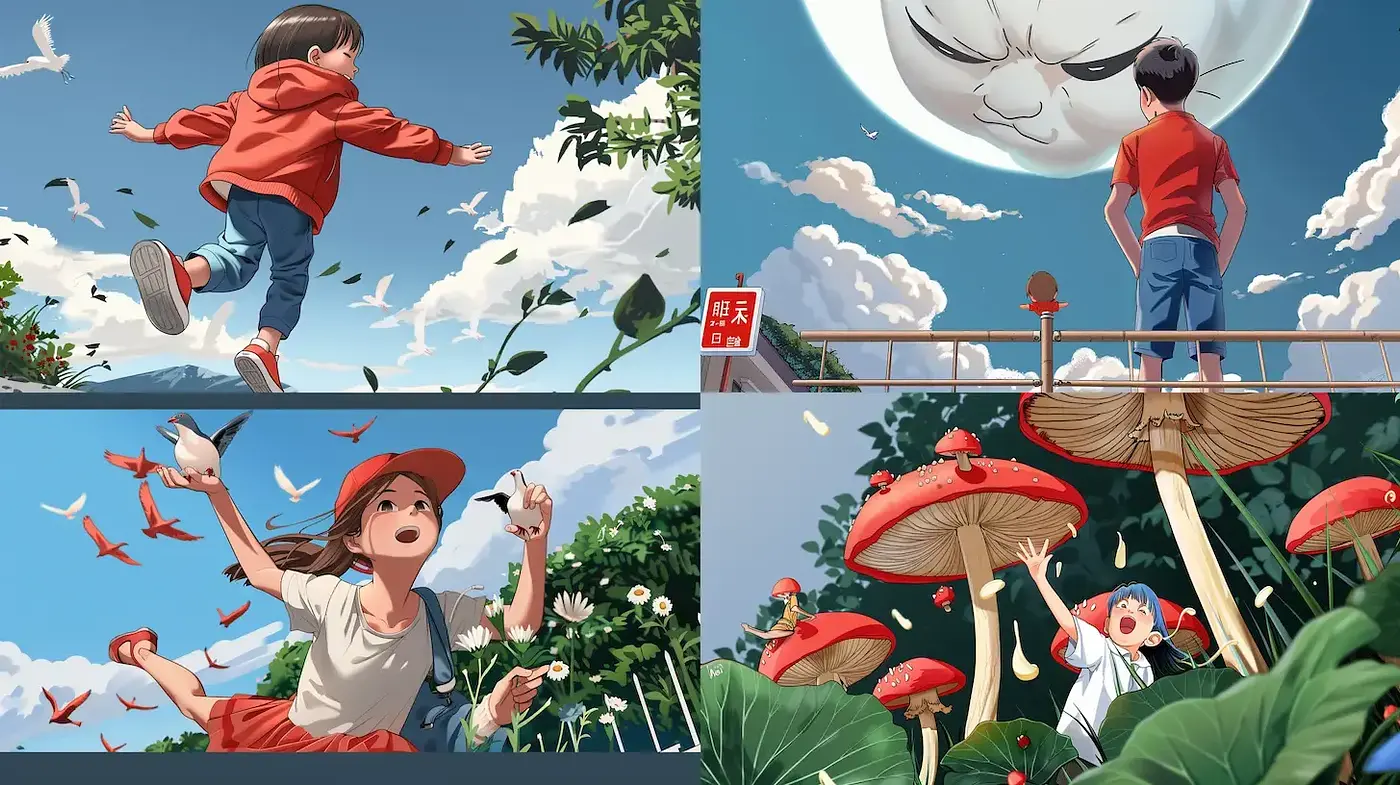 Vibrant and whimsical childhood adventures depicted in expressive animation - Midjourney sref style