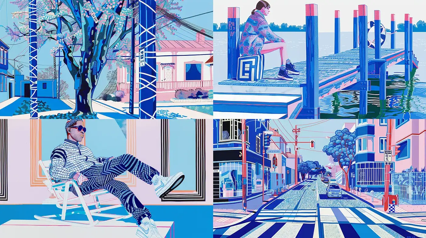 Contemporary Illustrations with a Cool Color Palette and Geometric Patterns - Midjourney sref style