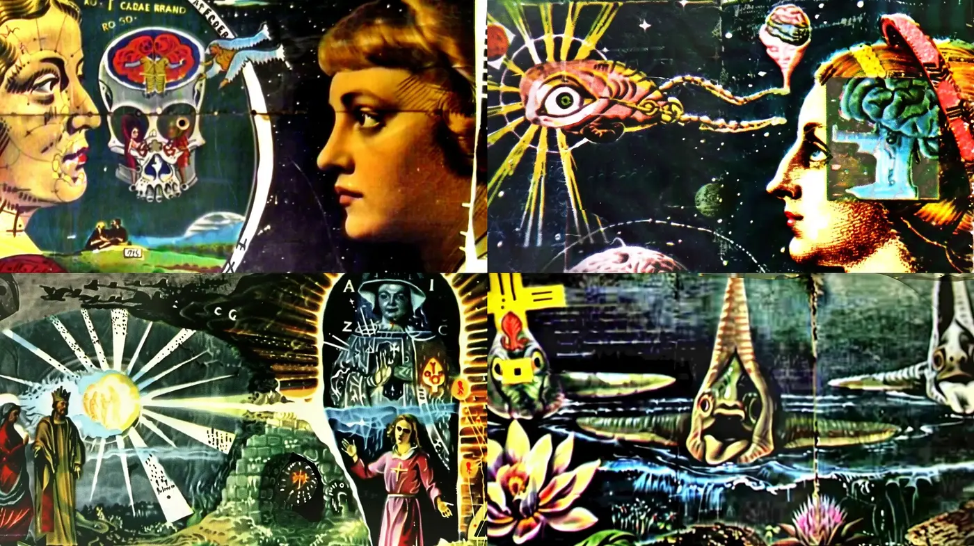 Surrealist Dreamscape Fusion with Vintage Collage Aesthetics - Midjourney sref style