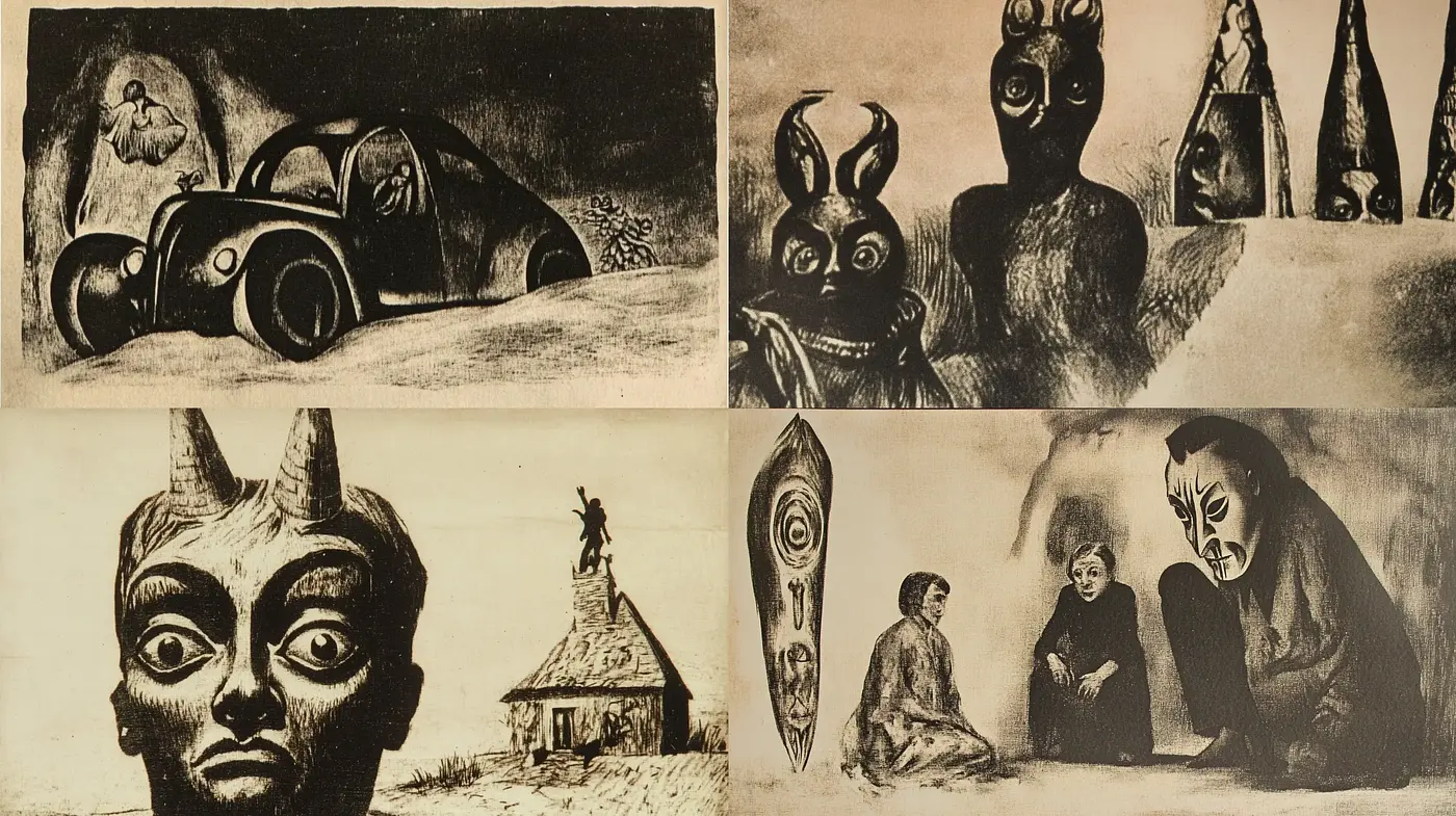 Expressive Surrealism with a Monochromatic Vintage Twist - Midjourney sref style