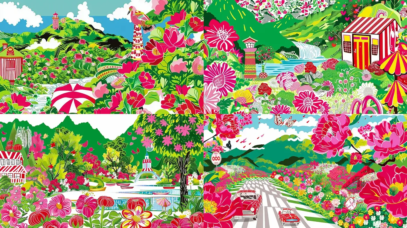 Vibrant Floral Landscape with Playful Elements - Midjourney sref style