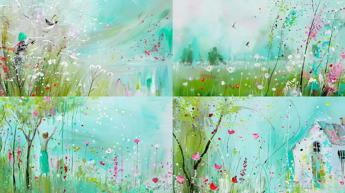 Serene Meadow Whispers: A Synthesis of Abstract Pastoral Expression - Midjourney sref style