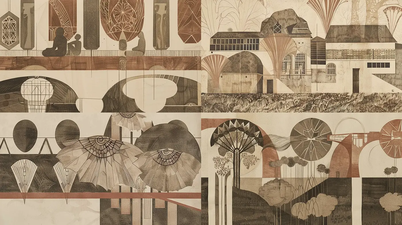Harmonious Sepia-Toned Architectural Dreamscape - Midjourney sref style