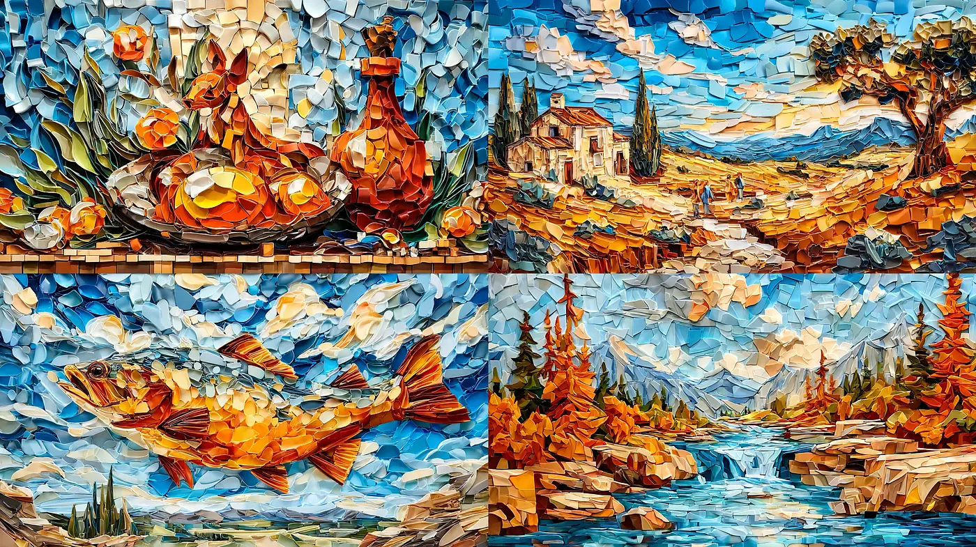 Vibrant and Textured Mosaic Inspired by Nature and Everyday Life - Midjourney sref style