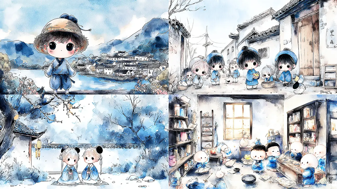 Charming and whimsical watercolors with a serene, nostalgic aesthetic - Midjourney sref style