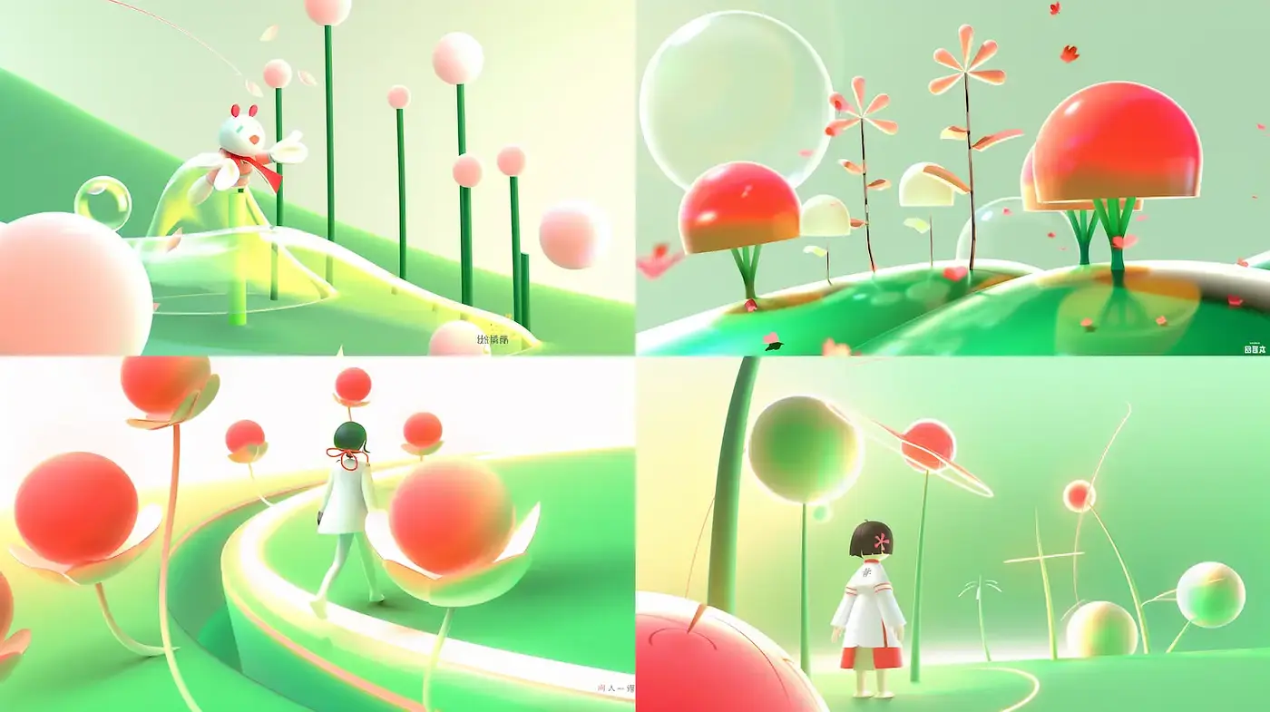 Whimsical and Playful Digital Landscape with Organic Shapes - Midjourney sref style