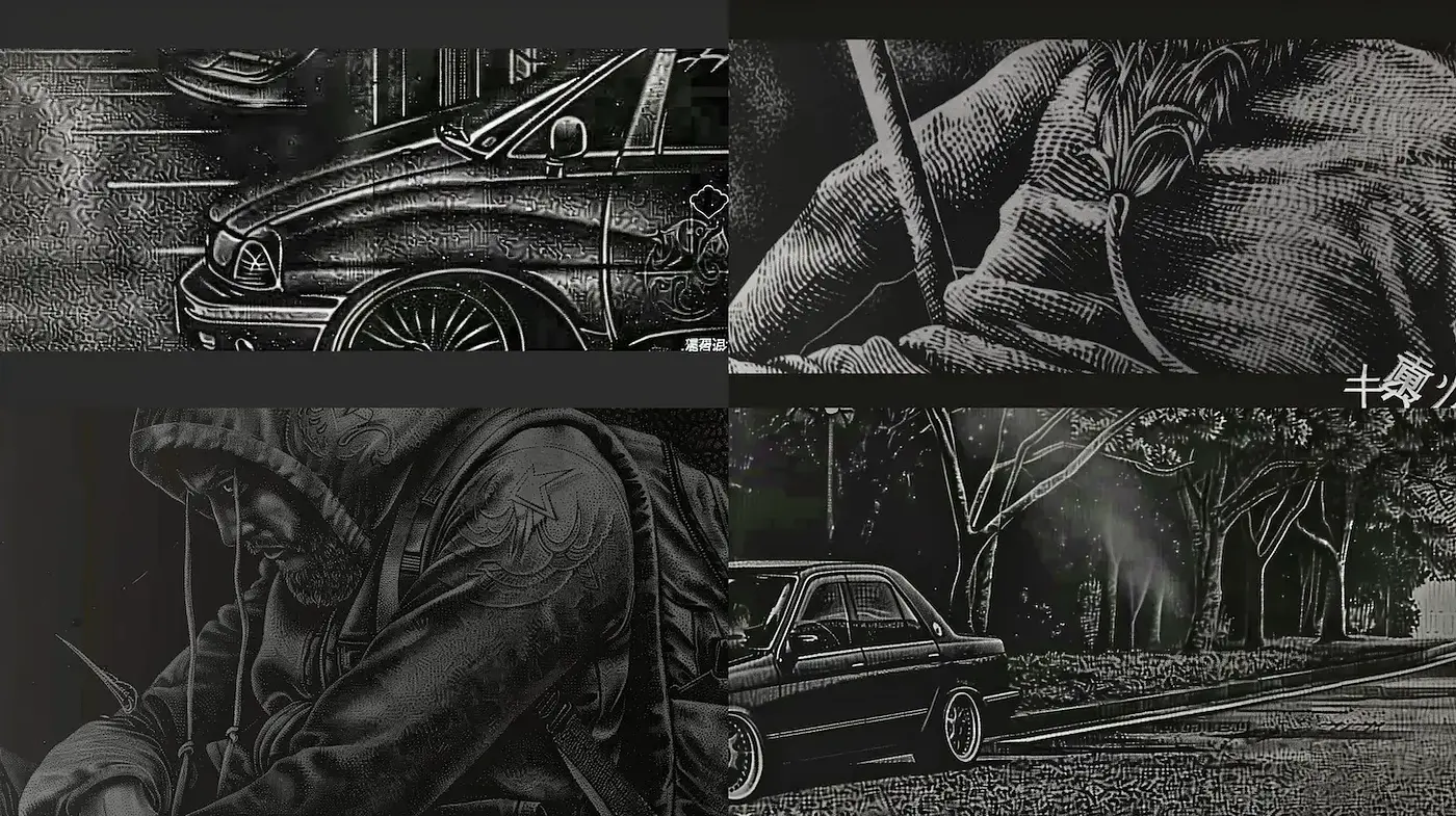 Dramatic and gritty urban narrative expressed through a monochromatic lens - Midjourney sref style