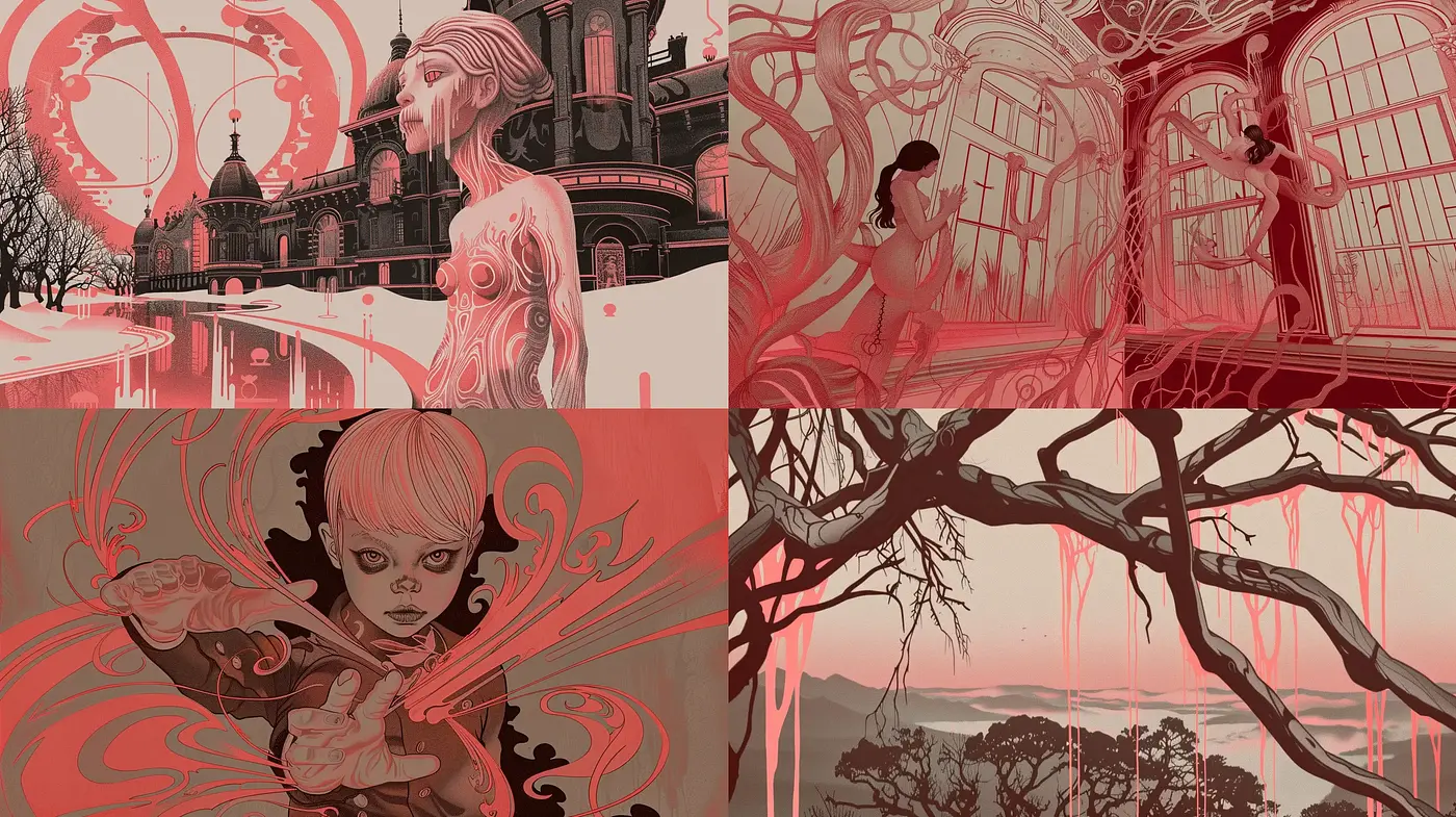 Ethereal Crimson Dreamscape with Art Nouveau Influence - Midjourney sref style